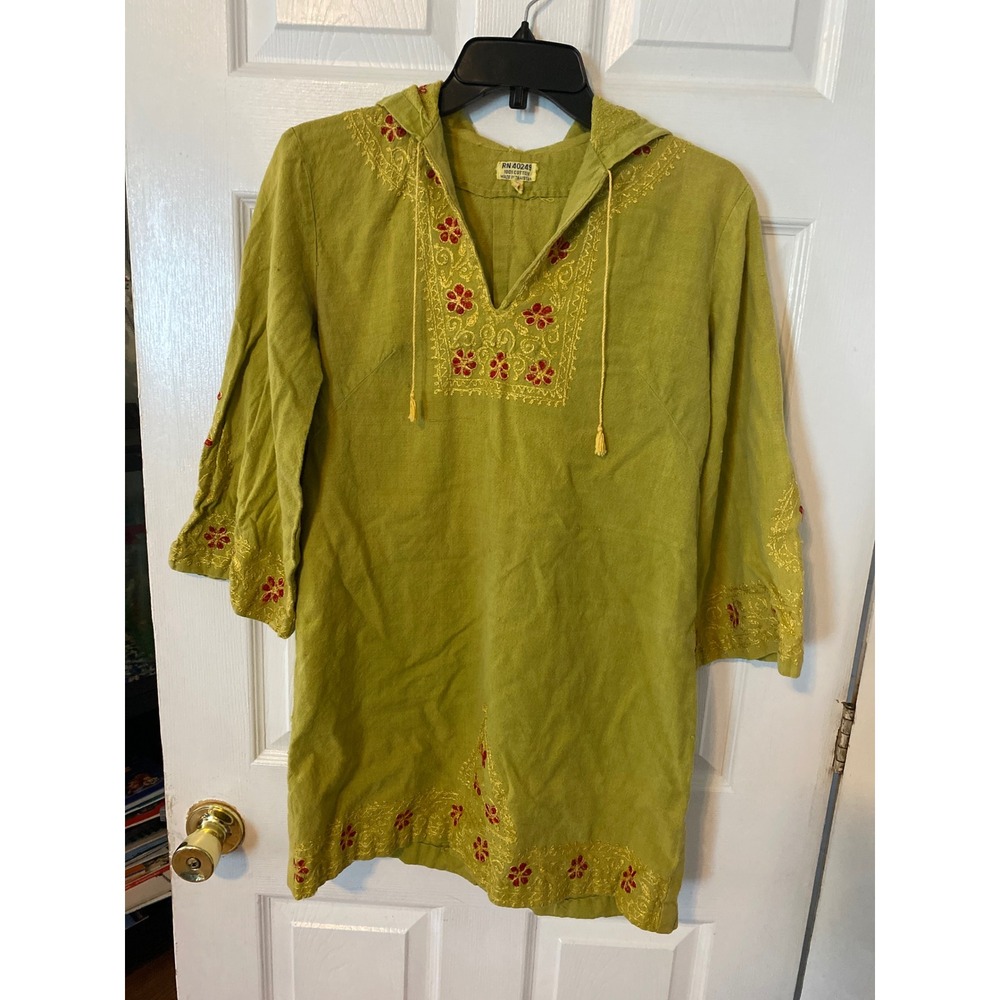 Vintage Boho Embroidered Hooded Tunic Top 100% Cotton Green Floral RN 40249